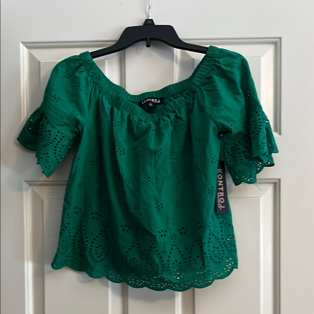 Green Off Shoulder Eyelet Top